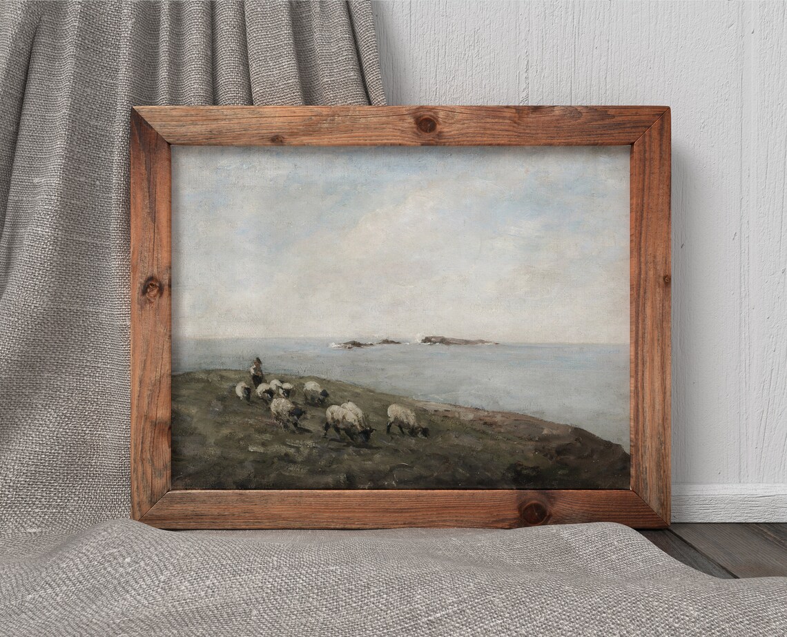 Sheep by the Sea Vintage Coastal Landscape Art Print - Image 4