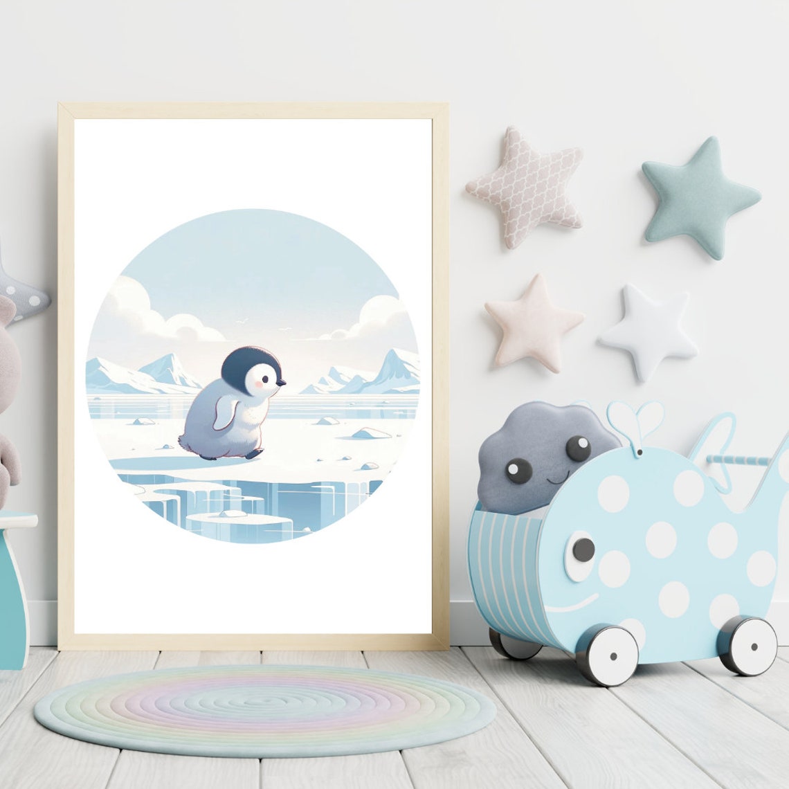 Baby Penguin Chick Ice Floe Antarctic Blue Nursery Illustration Print - Image 5