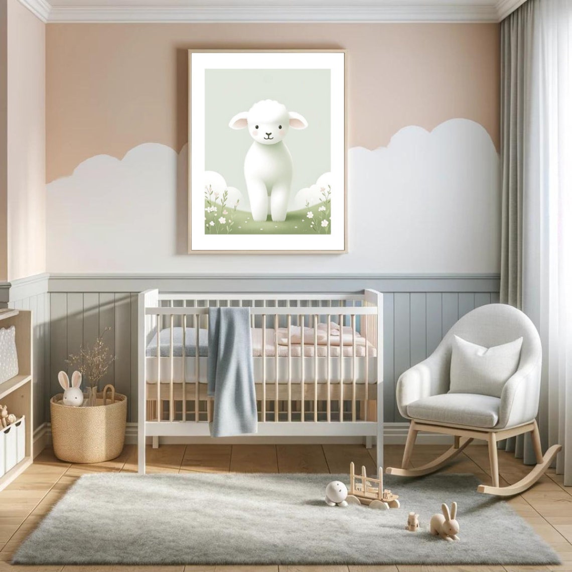 Fluffy White Lamb Flower Meadow Soft Pastel Nursery Wall Poster - Image 4