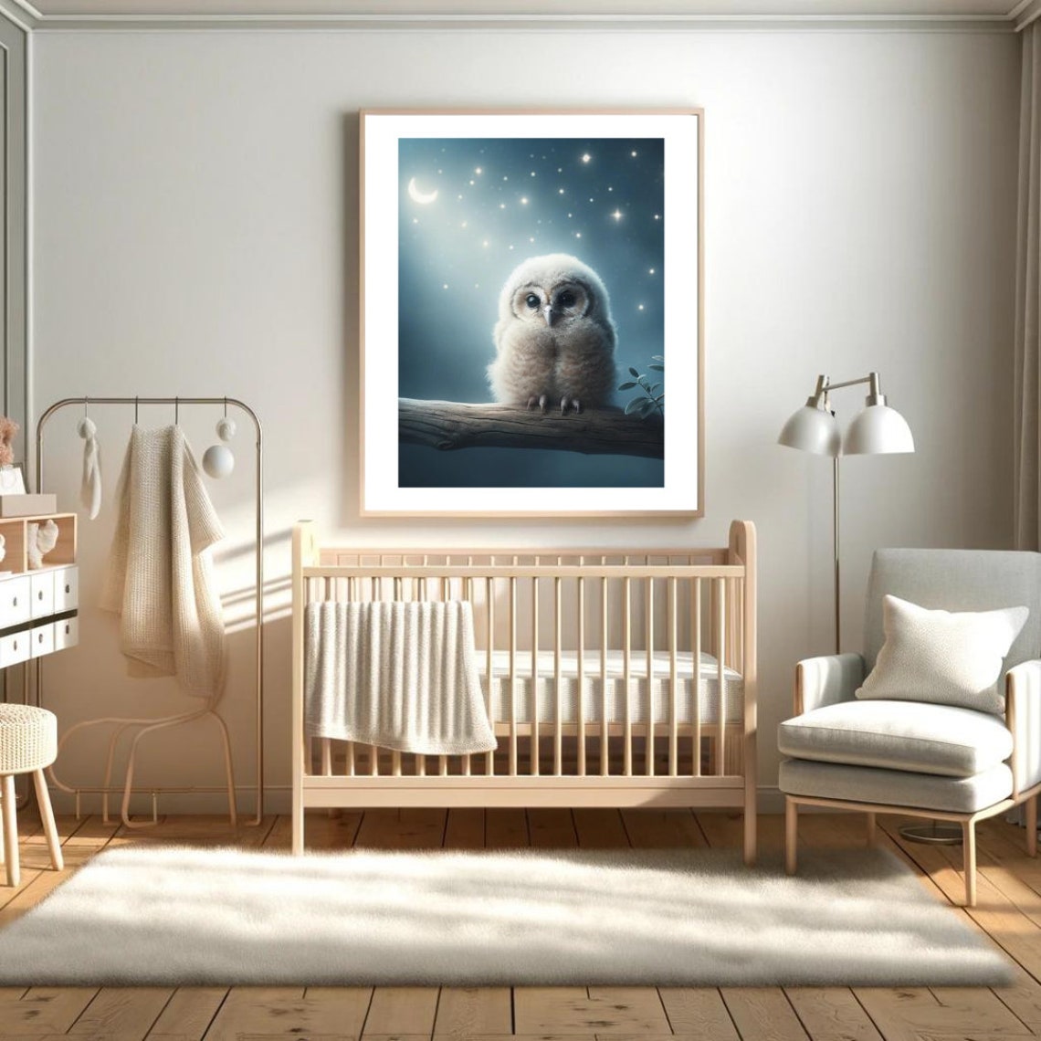 Baby Owl Starry Night Moonlit Branch Soft Blue Nursery Art Print