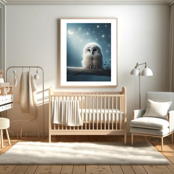 Starry Night Owl Hatchling Art Print Moonlit Owl Chick Enchanting Night Sky Illustration Soft Blue Nursery Wall Art