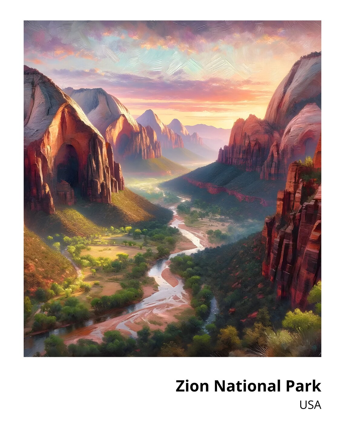 Zion National Park Art Print Stunning Painting Of Utahs Scenic Beauty Vibrant Wall Decor Majestic Canyon Landscape Art - Image 2