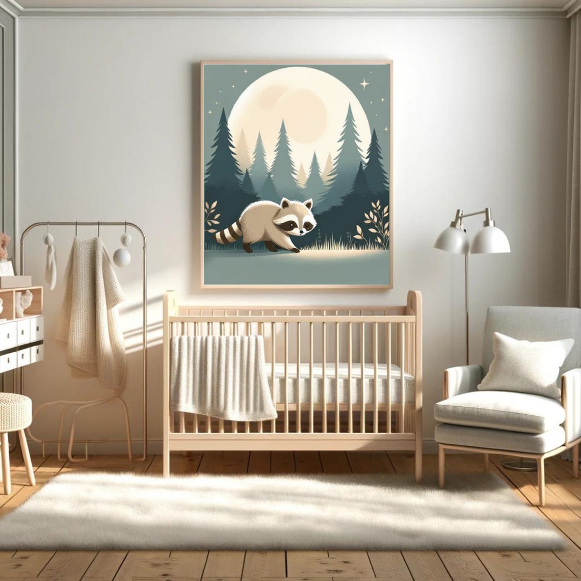 Raccoon Moonlit Pine Forest Circular Kids Night Nursery Poster - Image 2