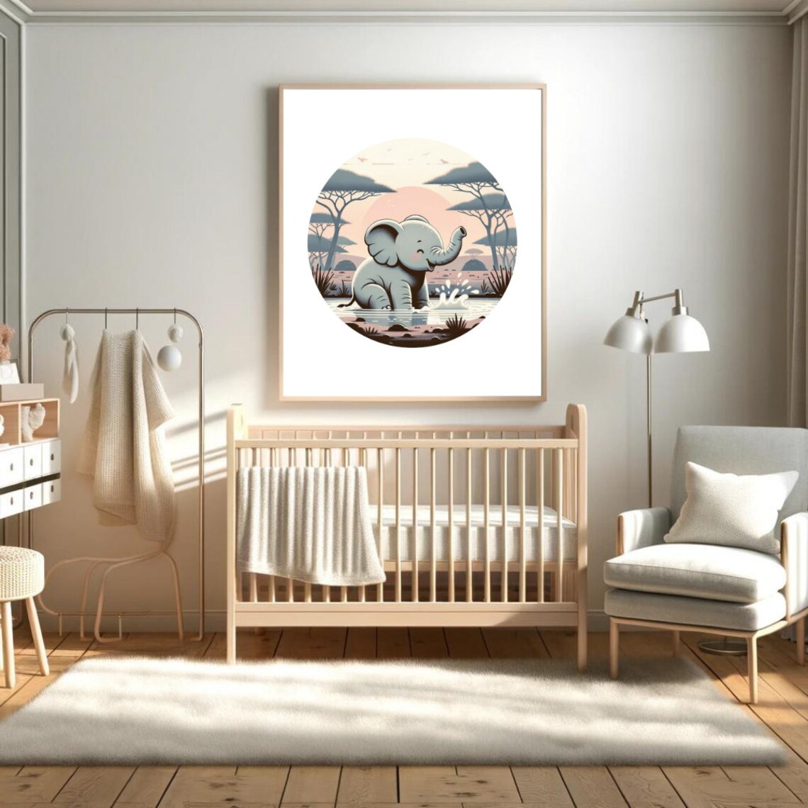 Baby Elephant Splashing Waterhole Safari Circle Acacia Nursery Print - Image 2