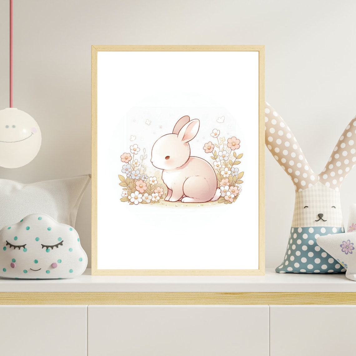 Soft Pink Bunny Wildflowers Spring Bloom Nursery Wall Poster - Image 2