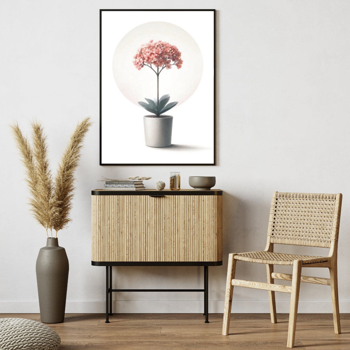Pink Hydrangea Potted Bloom Minimalist Soft Botanical Art Poster