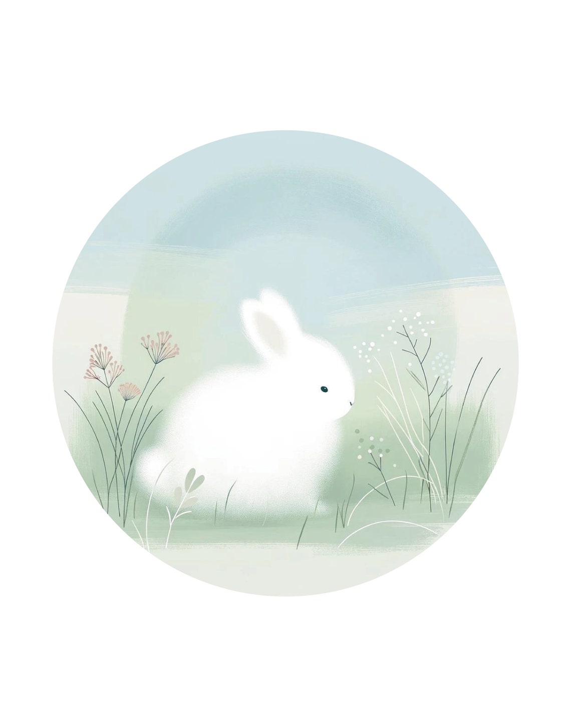 Fluffy White Bunny Meadow Soft Pastel Blue Nursery Rabbit Wall Art - Image 3