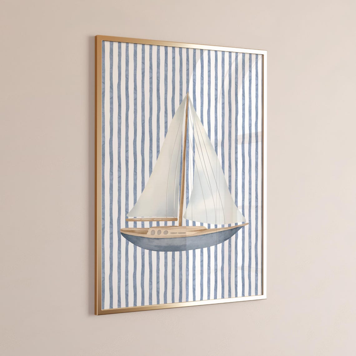 Striped Nautical Sailboat Coastal Blue Stripe Art Wall Decor Print