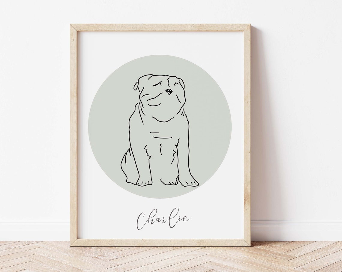 Charlie the Pug Minimalist Line Art Dog Portrait Sage Circle Poster