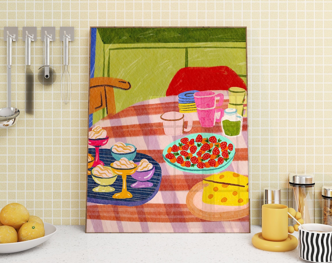 Dessert Tablescape Art Print, Colorful Kitchen Decor