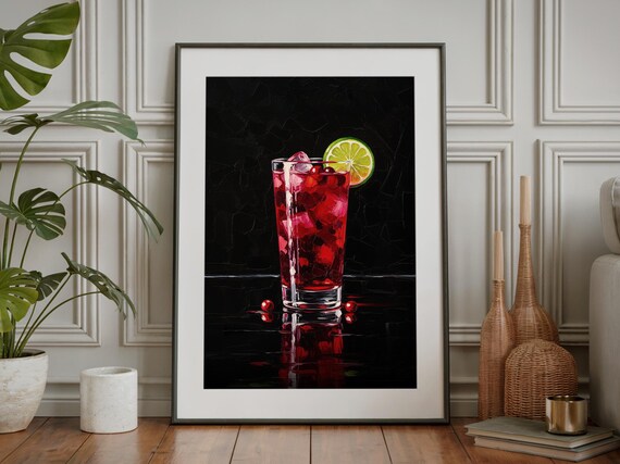 Cranberry Vodka Cocktail Impasto Painting Lime Wheel Ice Moody Bar Wall Art
