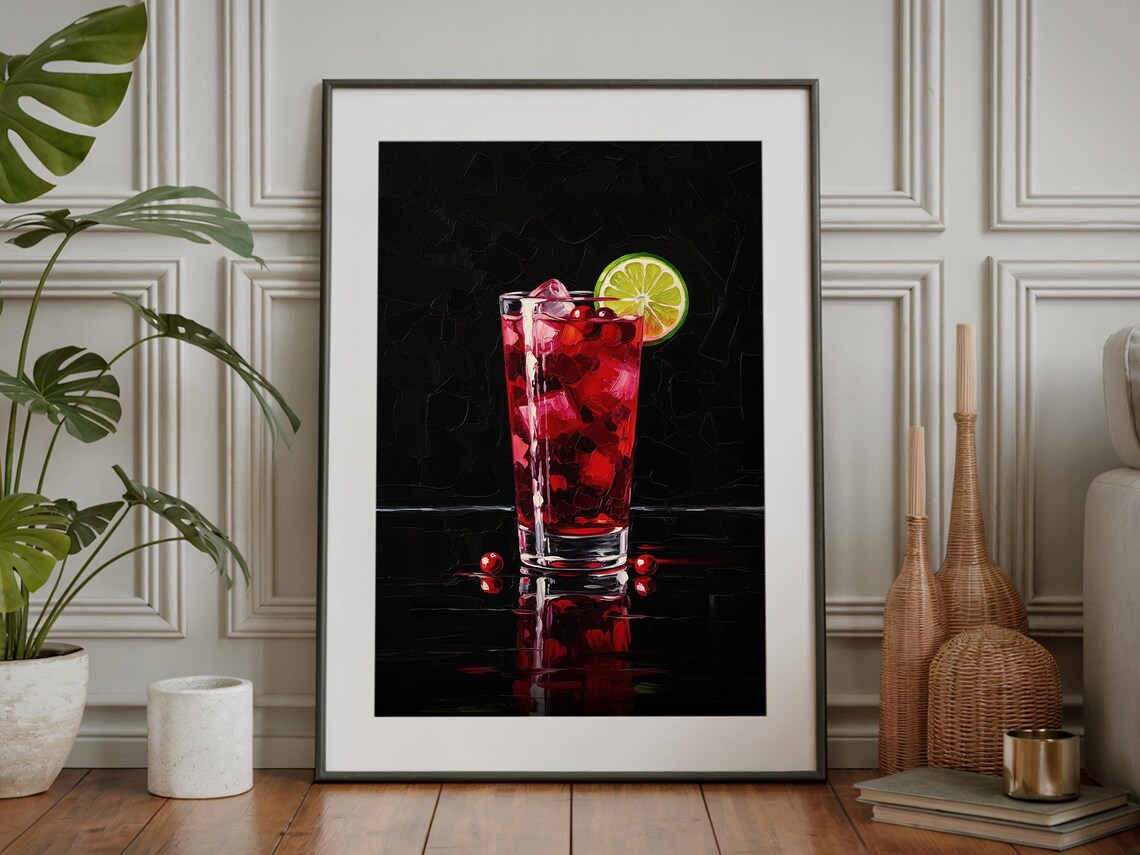 Cranberry Vodka Cocktail Impasto Painting Lime Wheel Ice Moody Bar Wall Art