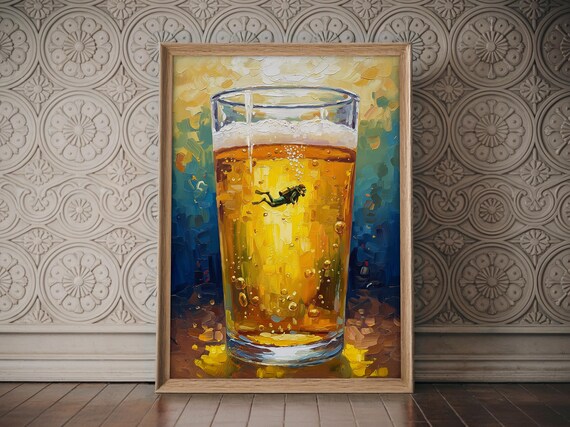 Scuba Diver Swimming Inside Giant Beer Pint Impasto Painting Wall Art