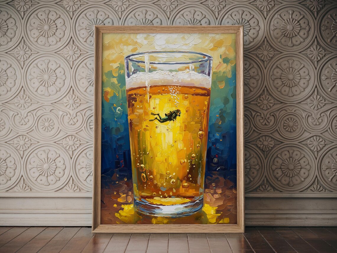 Scuba Diver Swimming Inside Giant Beer Pint Impasto Painting Wall Art
