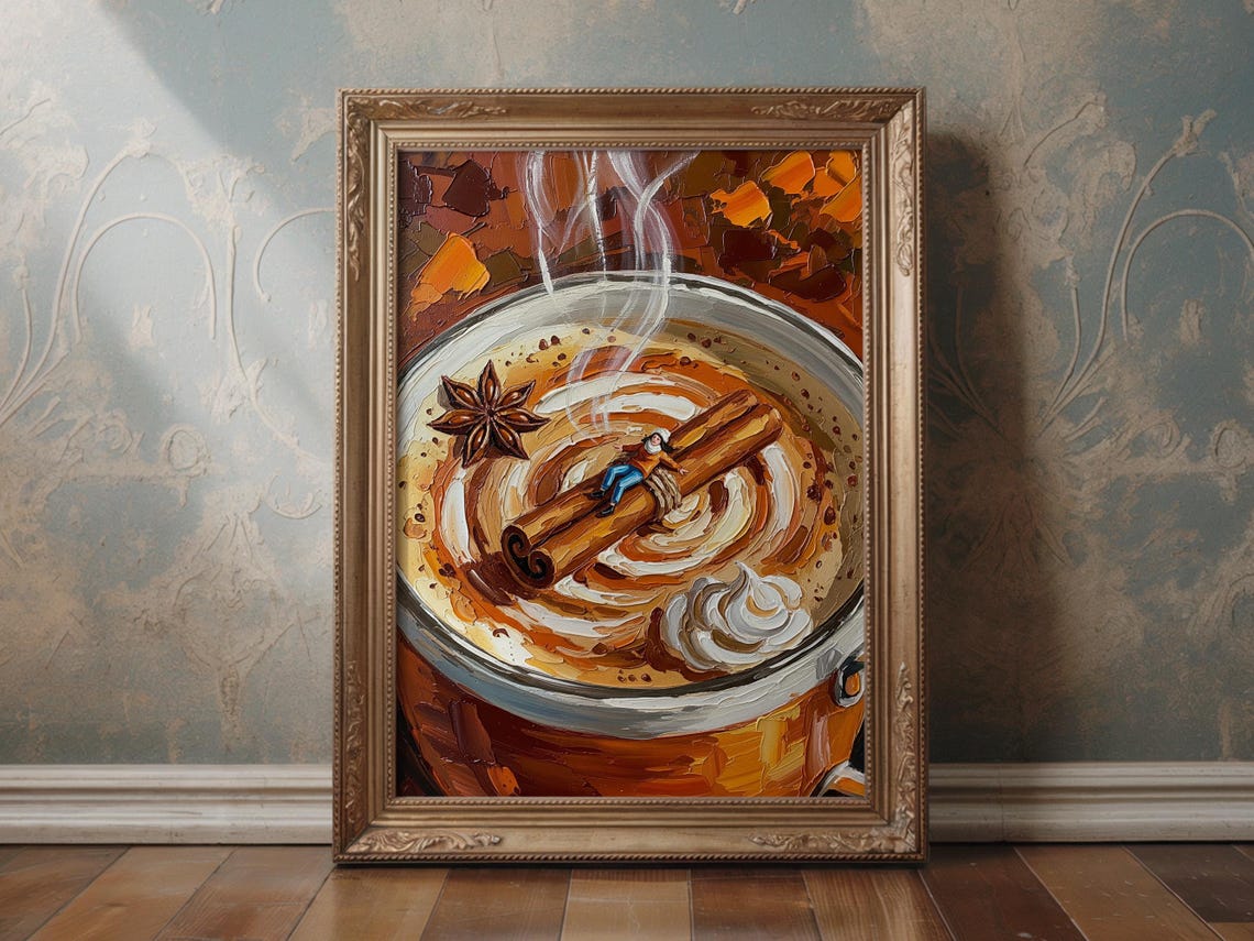Tiny Woman on Cinnamon Sticks in Steaming Fall Latte Coffee Wall Art