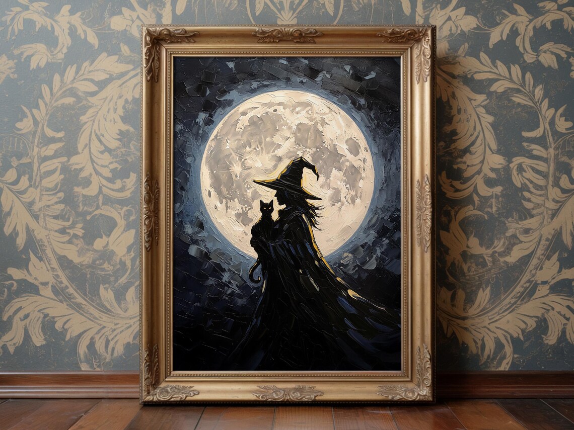 Witch And Black Cat Art Print Impasto Halloween Decor