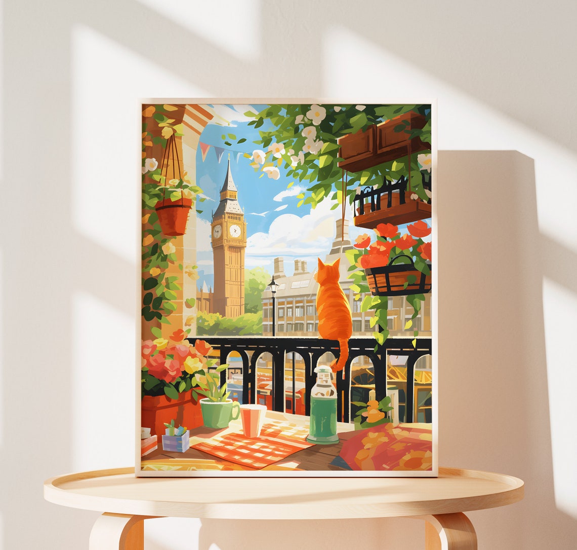 Orange Cat on a London Balcony with Big Ben View Scenic Poster