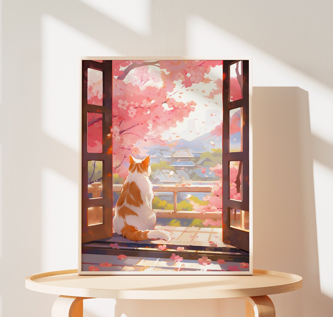 Kyoto Cat, Japan Cherry Blossoms Travel Poster