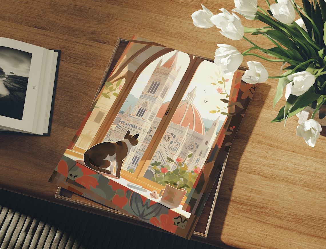 Cute Cat Florence Cathedral, Cat Mom Gift Art Print - Image 3