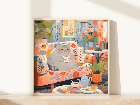 Relaxed Grey Tabby Cat Enjoying Coffee on Floral Couch Poster
