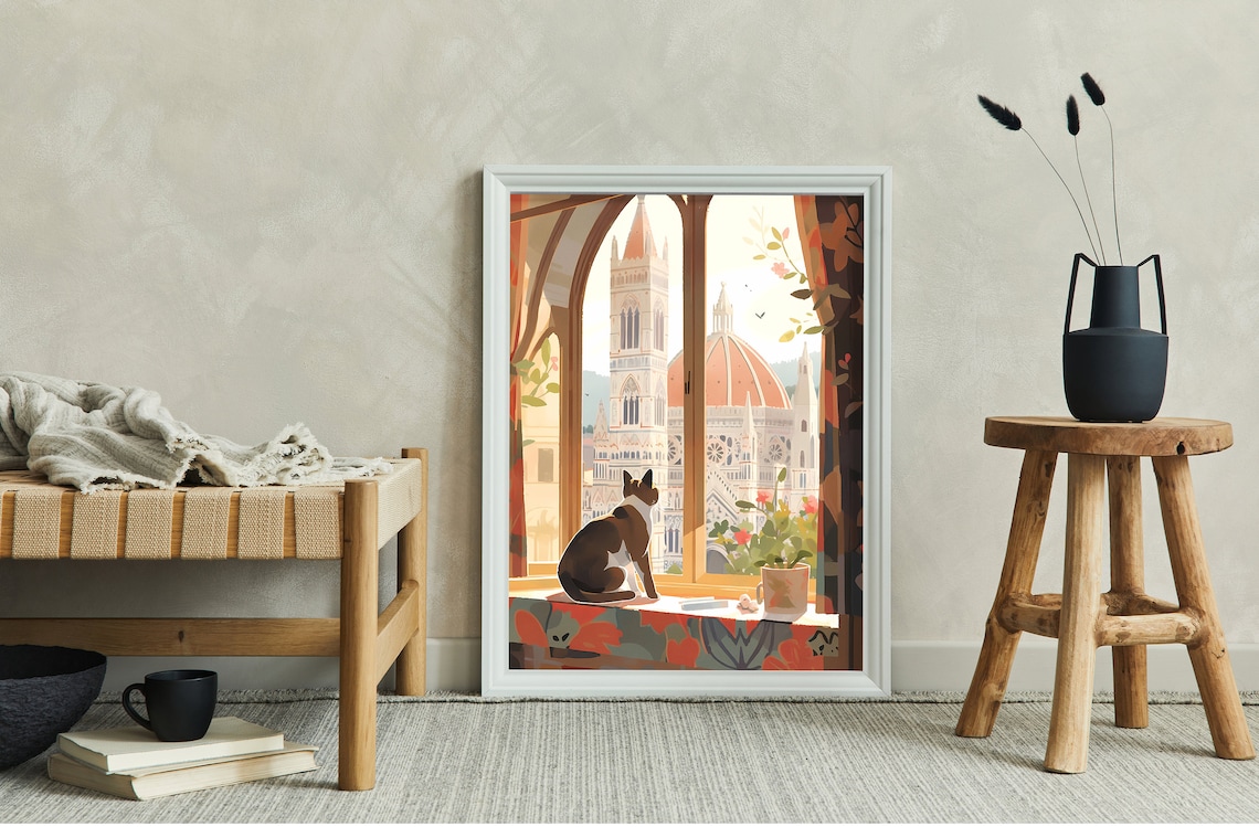 Cute Cat Florence Cathedral, Cat Mom Gift Art Print - Image 2