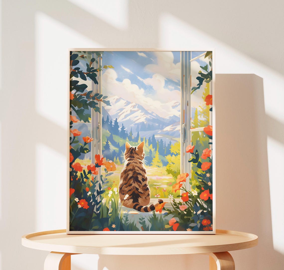 Tabby Cat Watching Snowy Mountains from a Flower Window Poster