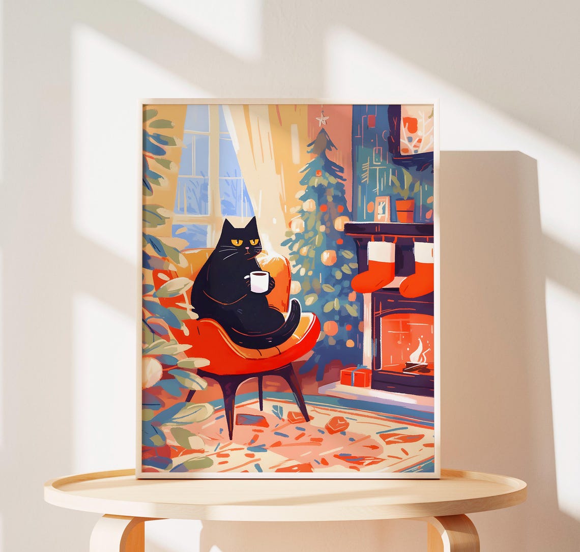 Black Cat by the Fireplace on a Cozy Christmas Morning Poster