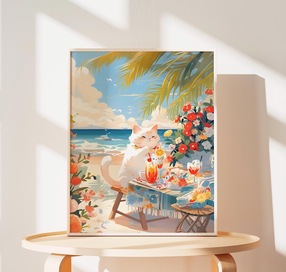 White Cat Enjoying Cocktails at a Tropical Beach Picnic Poster