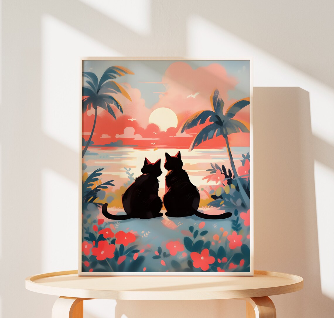 Lovely Cat Sunset Beach Couple, Valentine's Gift