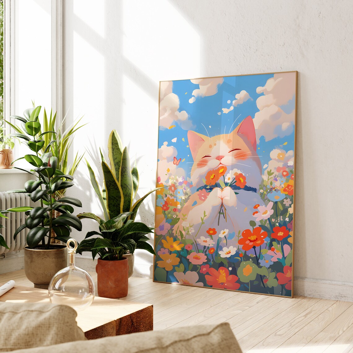 Cute Cat Floral Art Print, Cats Birthday Wall Decor - Image 3