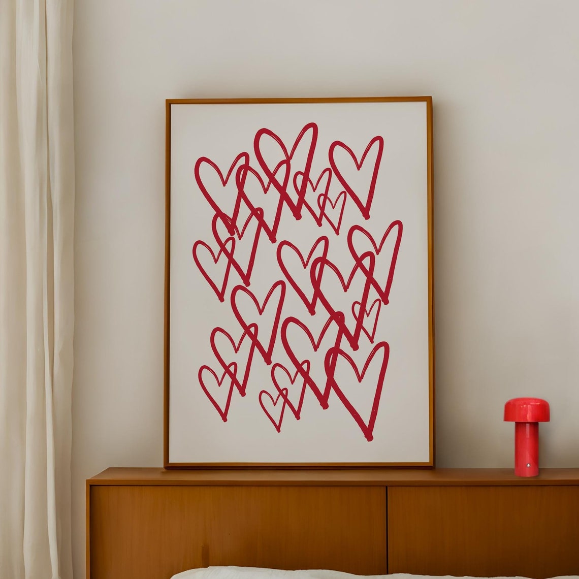Red Hand Drawn Hearts Pattern Romantic Valentines Love Art Poster