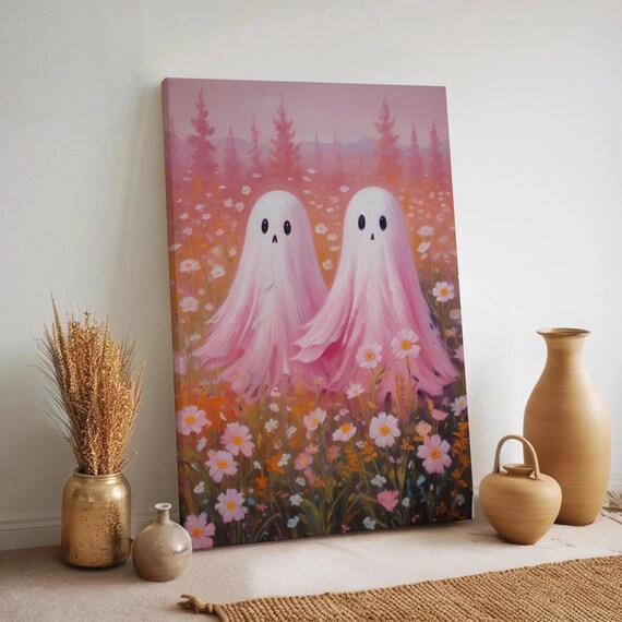 Cute Couple Canvas Wall Art Pink Pastel Halloween Print With Wildflowers Whimsical Spooky Artwork For Bedroom Or Cozy Seasonal Decor