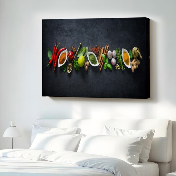 Colorful Spices And Herbs Overhead Black Background Kitchen Poster
