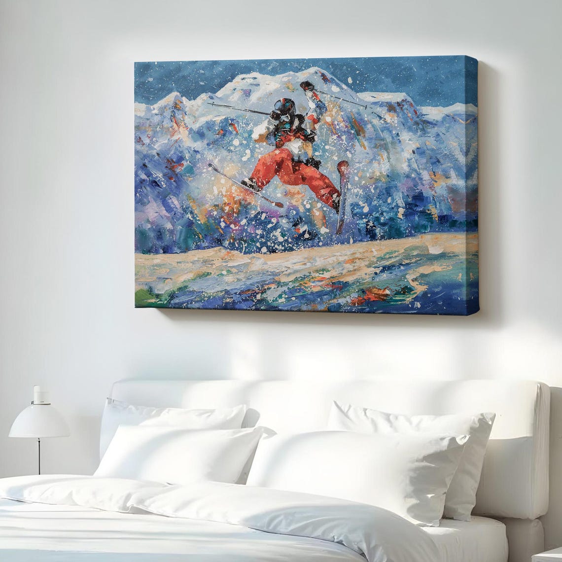 Skier Jumping Snowy Mountain Peak Action Expressionist Canvas Poster