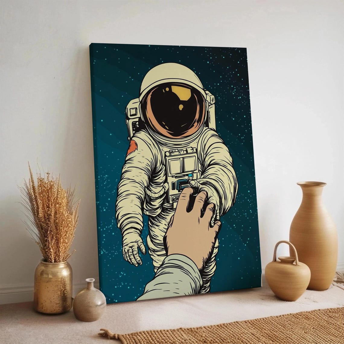 Astronaut Holding Hands With Human In Starry Space Retro Sci Fi Poster