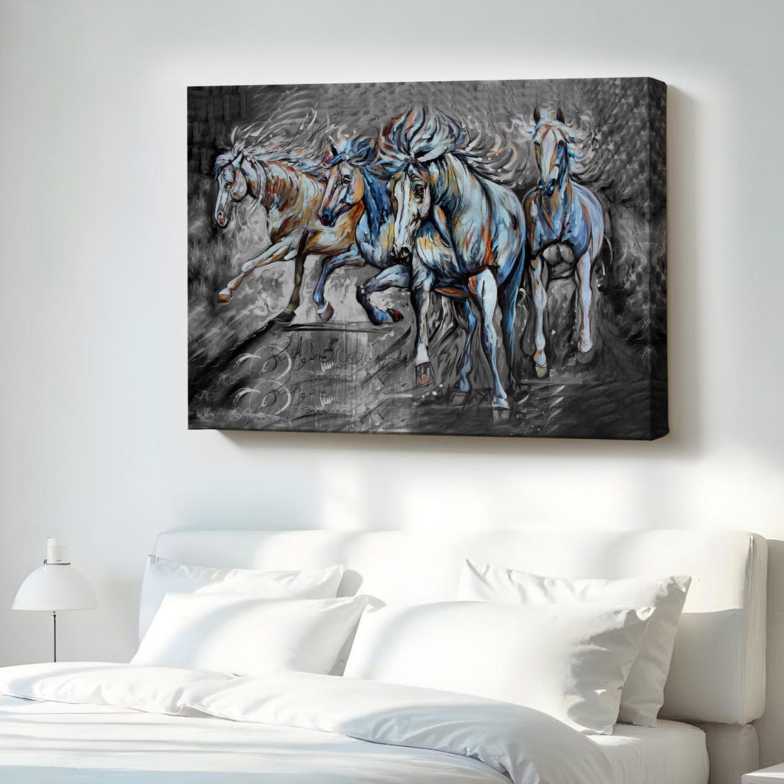 Running Horses Galloping Gray Blue Expressive Equine Art Poster
