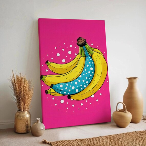 Pop Art Banana Canvas Wall Funky Colorful Fruit Illustration Bold Funny Kitchen Decor Vibrant Dotted Graphic Print Framed Modern