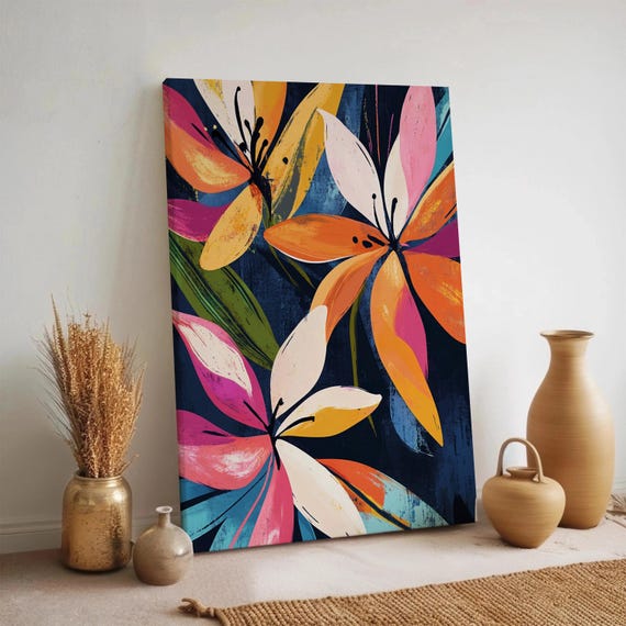 Tropical Flower Canvas Wall Art Abstract Colorful Floral Painting On Navy Background Bold Modern Botanical Print Framed Summer Home Decor