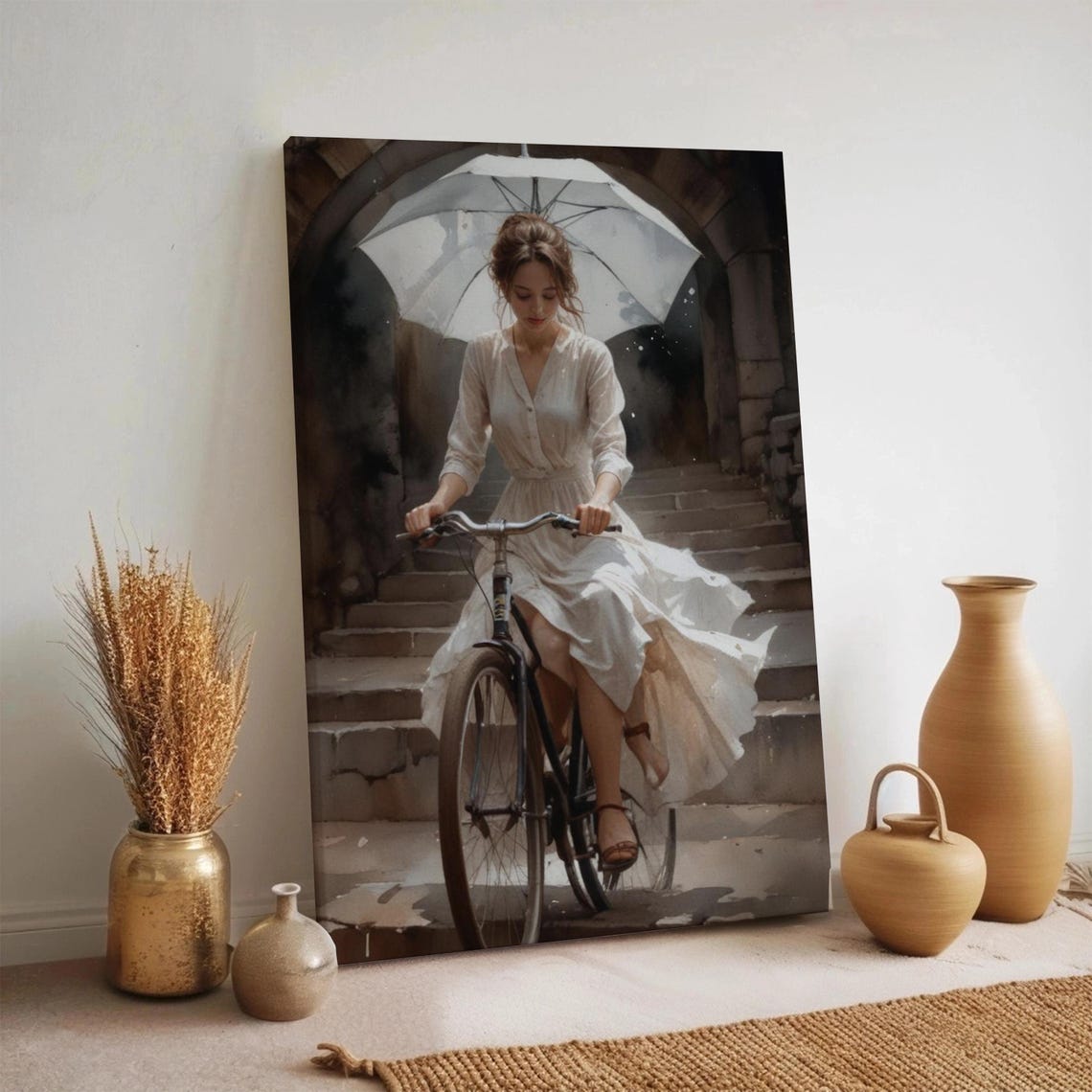 Romantic Woman Bicycle Rain Umbrella Vintage Scene Canvas Wall Art