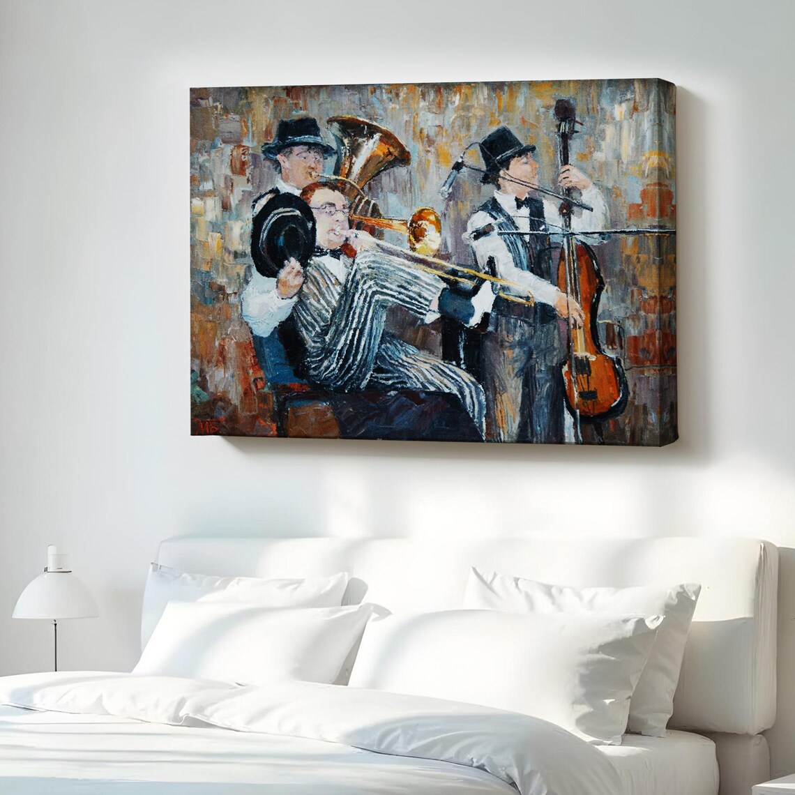 Vintage Jazz Band Musicians Tuba Trumpet Bass Oil Painting Canvas Print