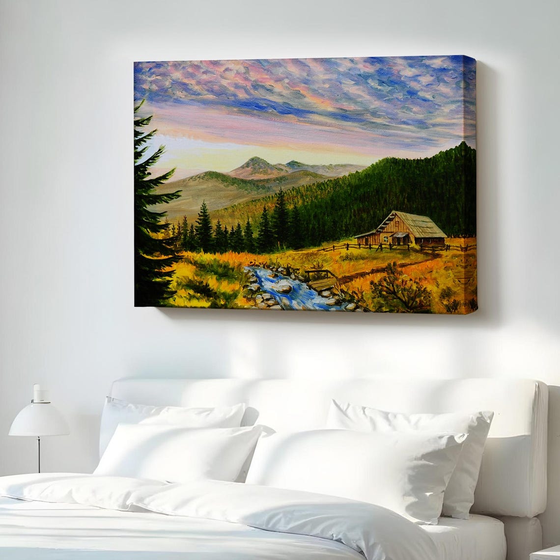 Mountain Cabin Sunset Pine Forest Stream Rustic Canvas Poster