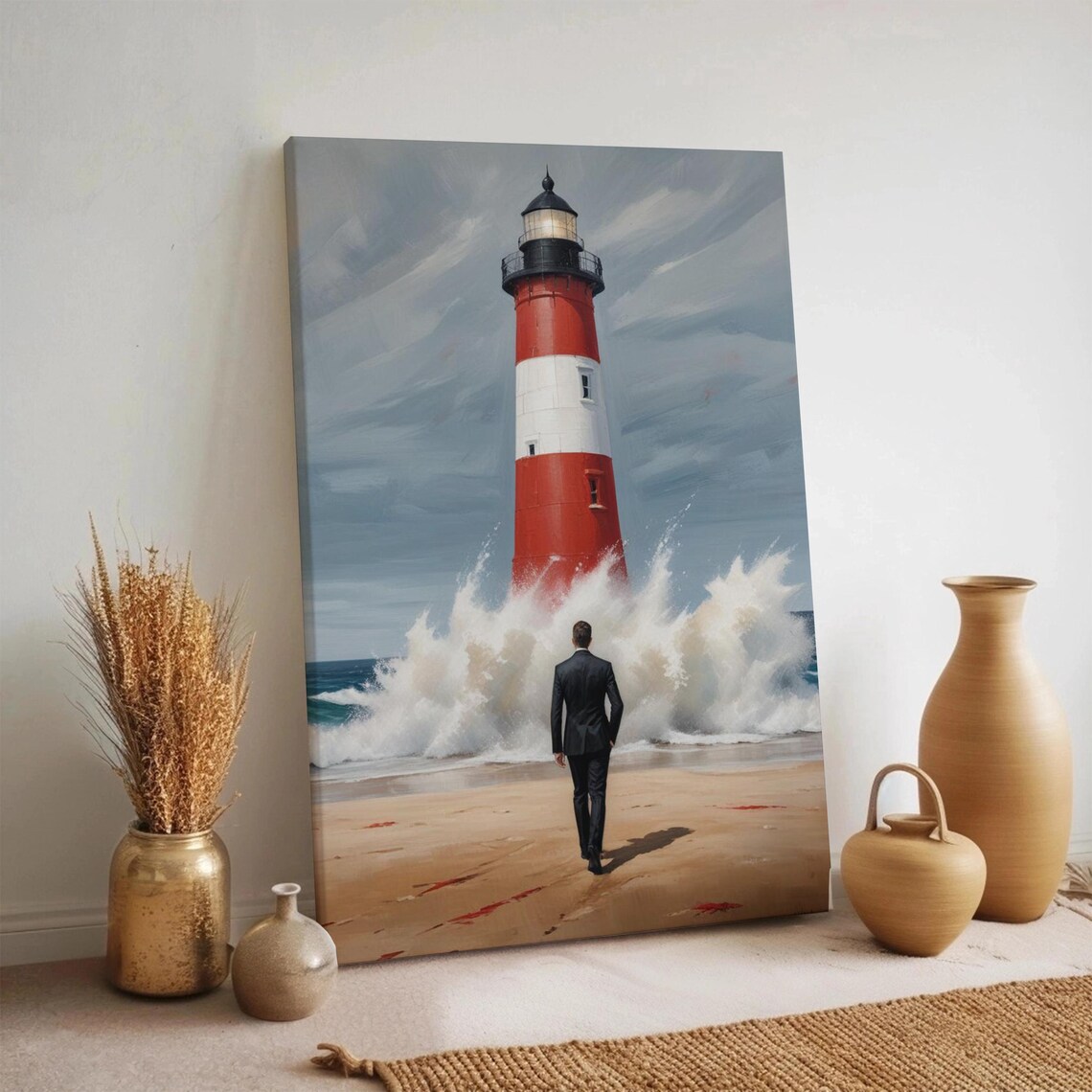 Lighthouse Man in Suit Ocean Waves Motivational Canvas Poster