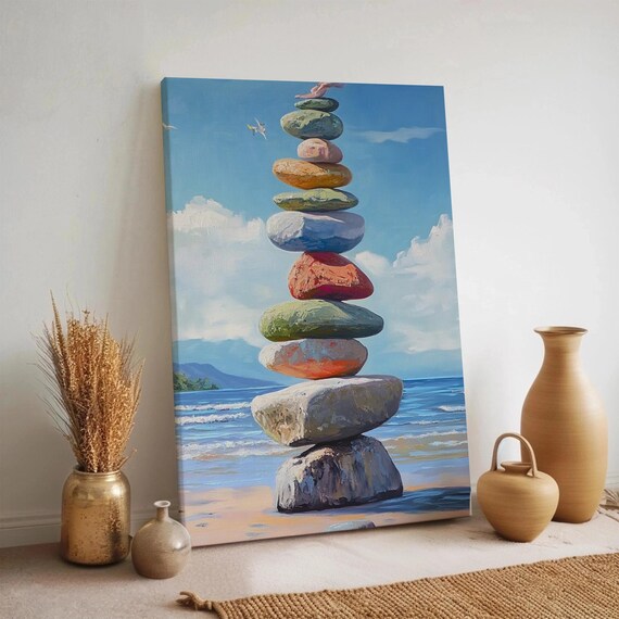 Colorful Zen Beach Stone Canvas Wall Art Framed Ocean Stacked Rock Print Coastal Nature Artwork Peaceful Decor For Living Room