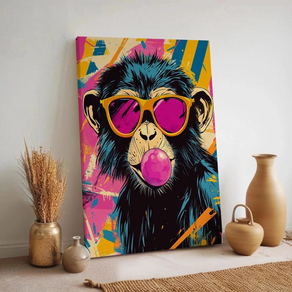 Funky Monkey Canvas Wall Art Bubble Gum Animal Pop Neon Graffiti Style Decor Cool Sunglasses Chimp Artwork Framed Modern
