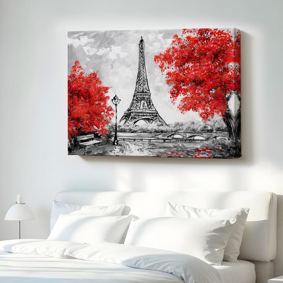 Paris Eiffel Tower Red Trees Black And White Romantic City Poster Art