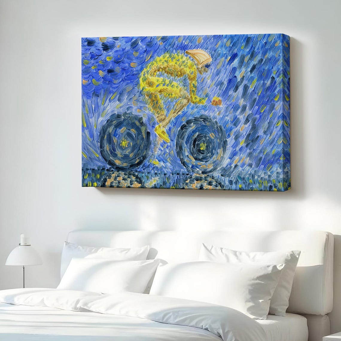 Cyclist Racing Under a Starry Night Swirling Blue Cycling Poster