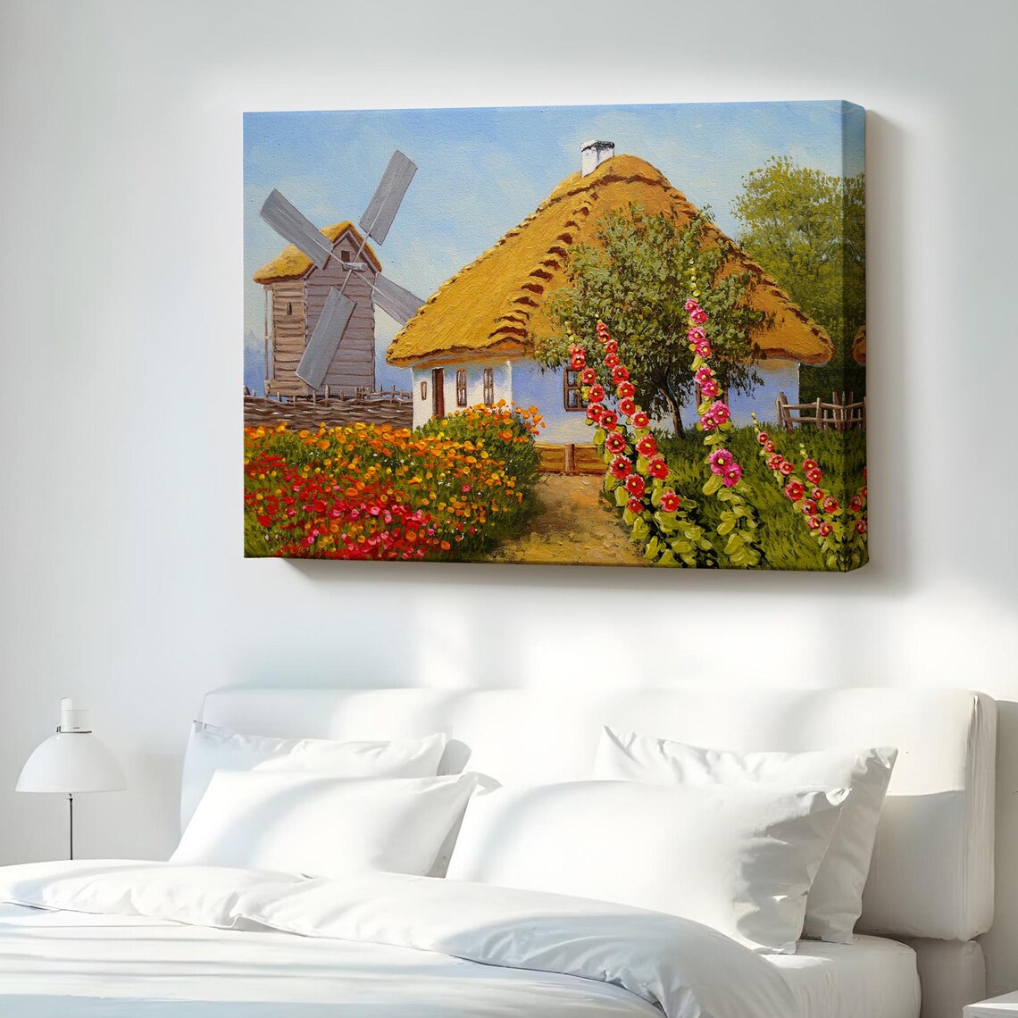 Thatched Cottage Windmill Garden Flowers Oil Painting Look Poster
