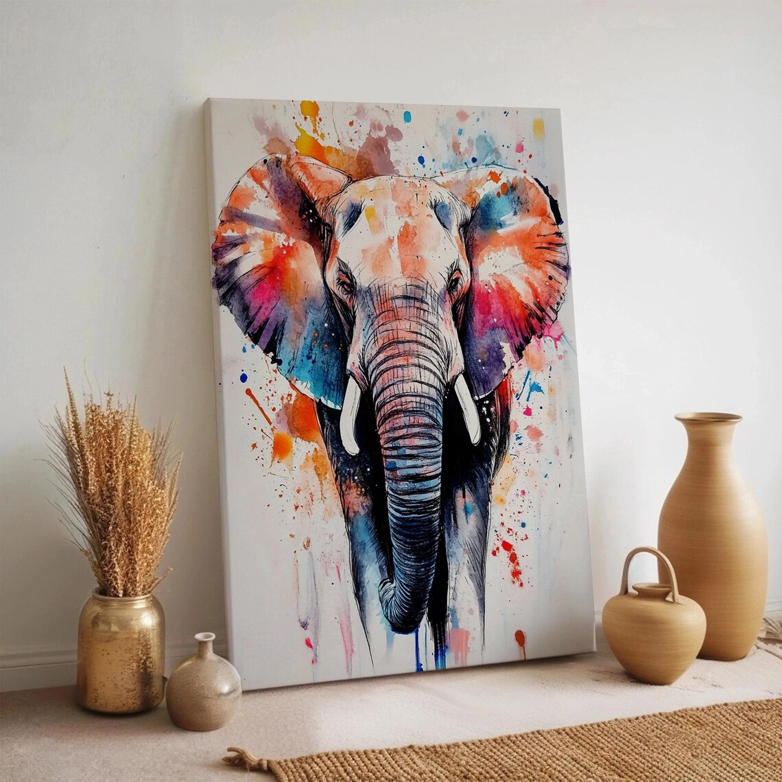Colorful Elephant Watercolor Painting Splash Portrait Animal Canvas Poster