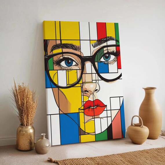 Mondrian Style Geometric Woman Portrait Poster Bold Color Block Face Art