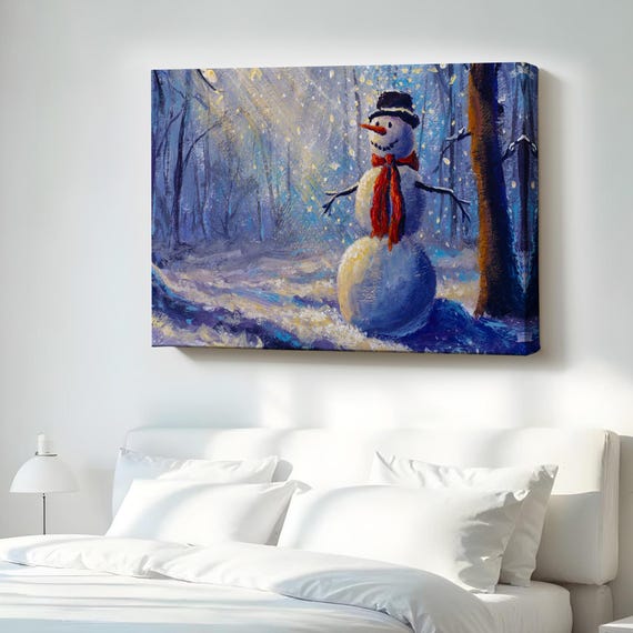 Snowman Illuminated By Sunrays In The Forest Painting Nature Canvas Print Art Decor Wall